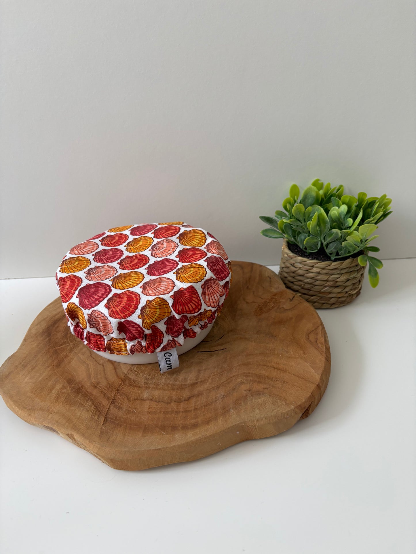 Charlottes à plat motif Coquillages, tailles XS, S, M et L, intérieur PUL alimentaire, extérieur coton