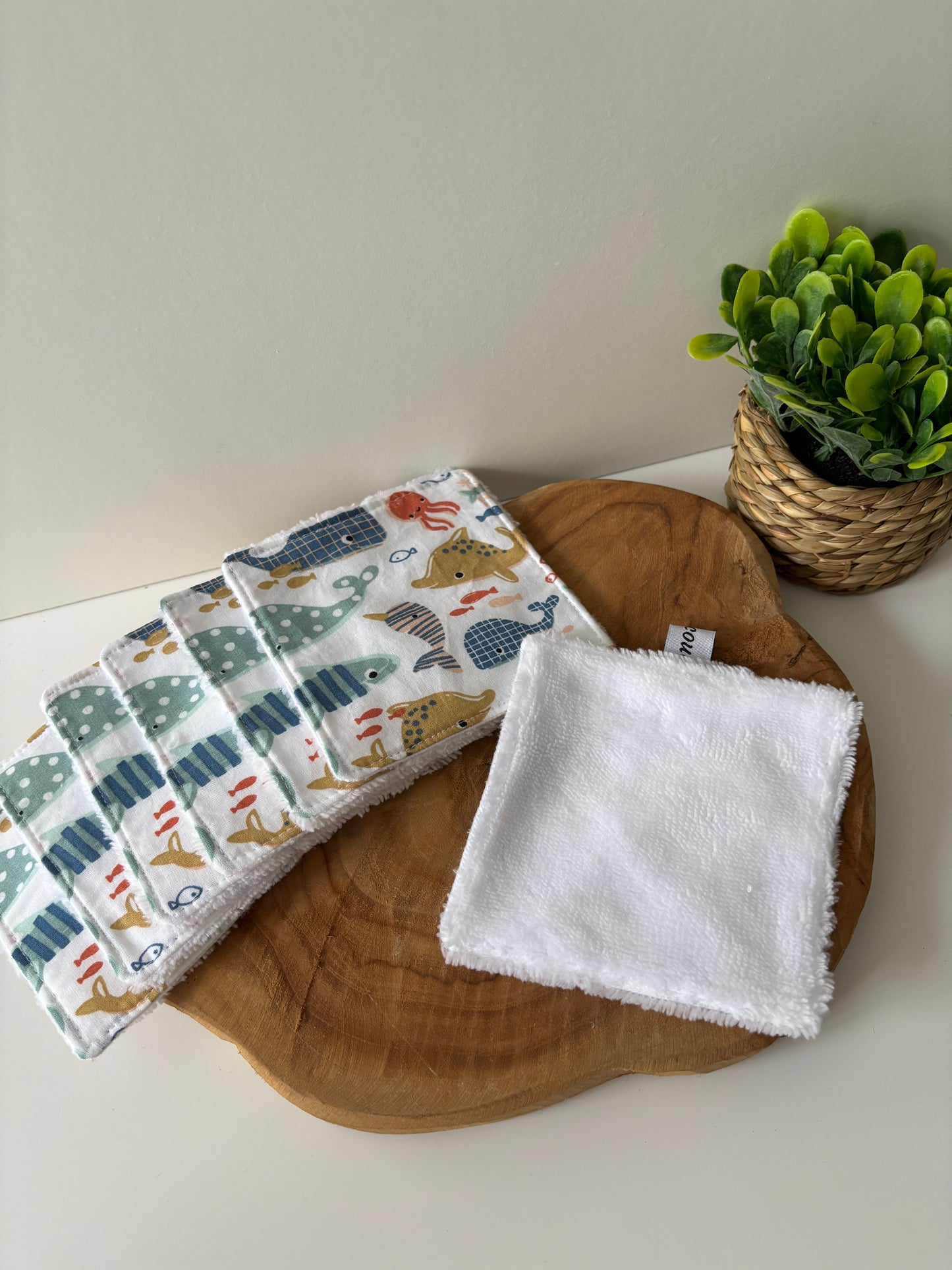 Lot de 7 cotons lavables motif marin, dos blanc
