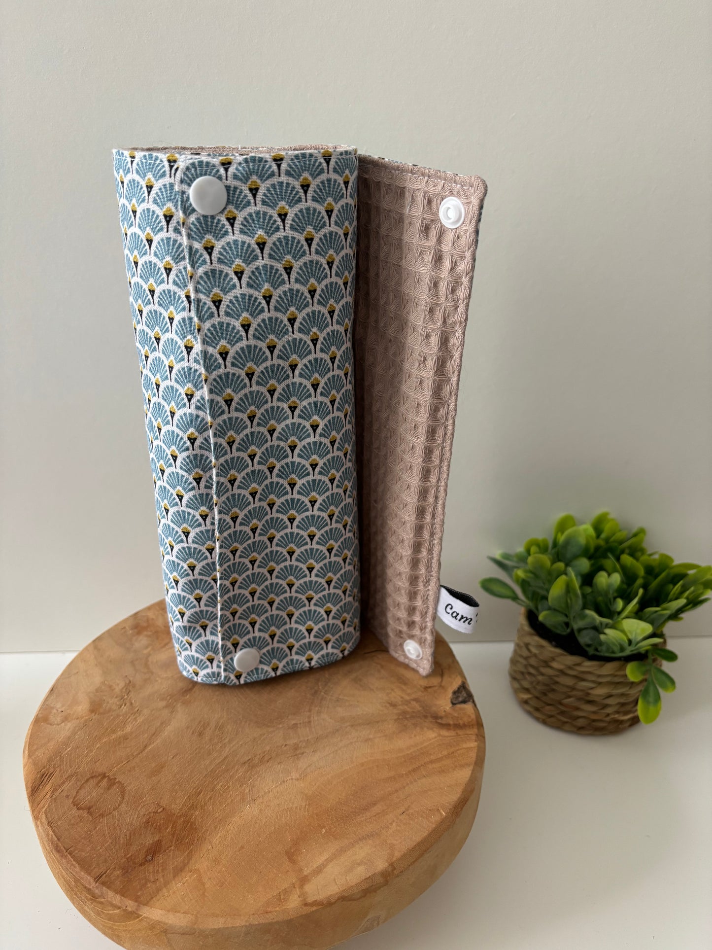 Essuie-tout lavable 6 feuilles, motif éventails bleus, double face coton et nid d’abeille