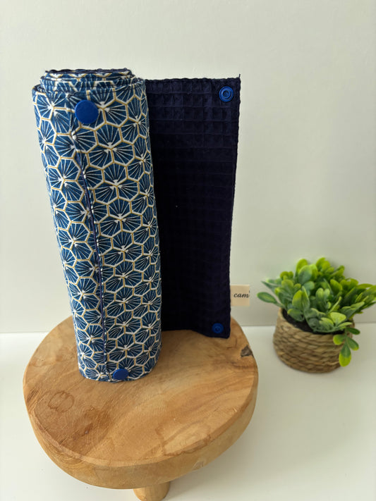 Essuie-tout lavable 6 feuilles, motif géométrique bleu foncé, double face coton et nid d’abeille