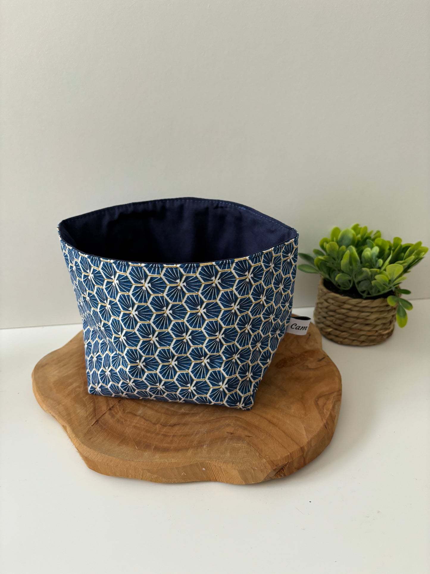 Panière à cotons lavables motif géométrique bleu nuit, fait main en France, lavable en machine à 30 °C
