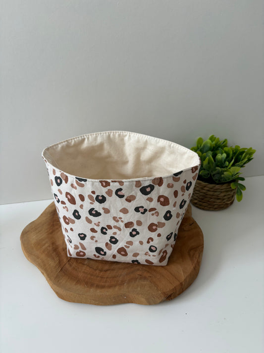 Panière à cotons lavables motif léopard, fait main en France, lavable en machine à 30 °C