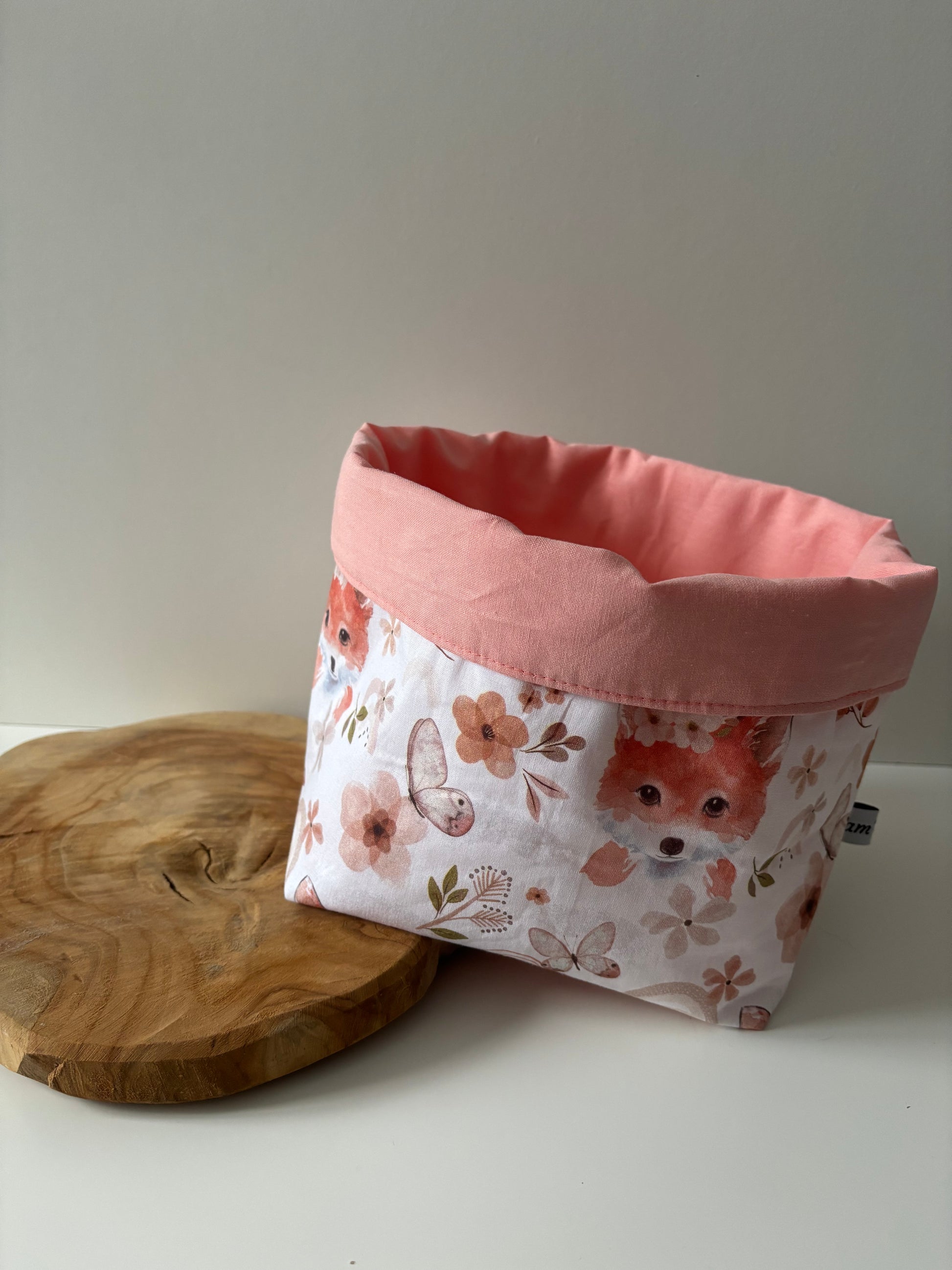 Panière moyenne motif renards rose, fait main en France, lavable en machine à 30 °C