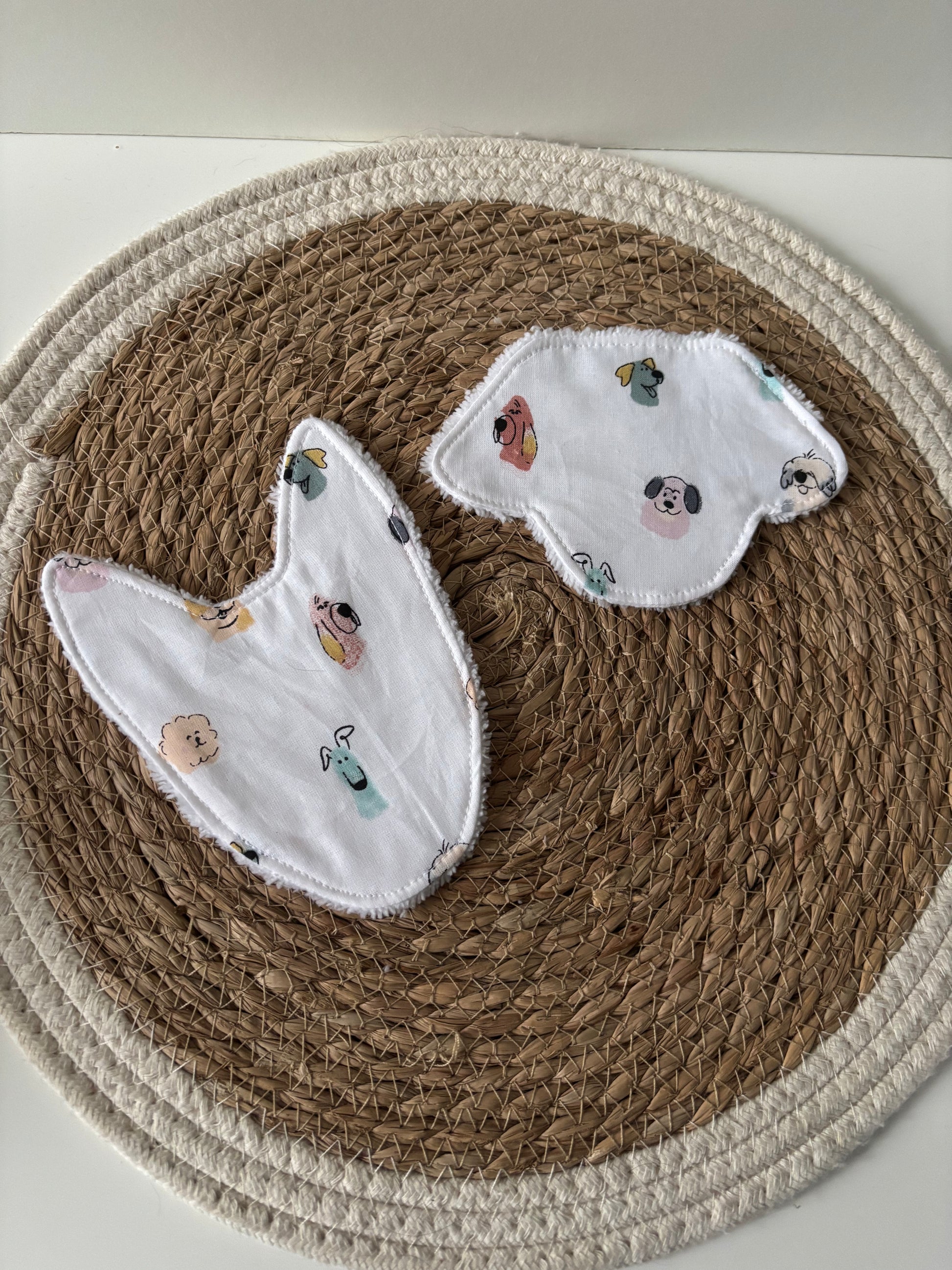 Lot de cotons lavables en forme de tête de chien, modèles oreilles droites et oreilles tombantes, face coton douce et face éponge bambou absorbante