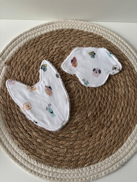 Lot de cotons lavables en forme de tête de chien, modèles oreilles droites et oreilles tombantes, face coton douce et face éponge bambou absorbante