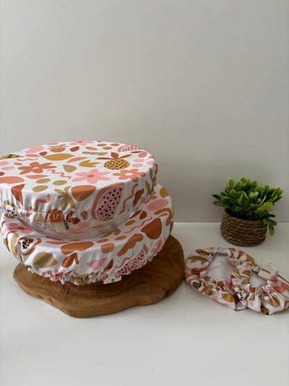 Charlottes à plat motif Fruits, tailles XS, S, M et L, intérieur PUL alimentaire, extérieur coton