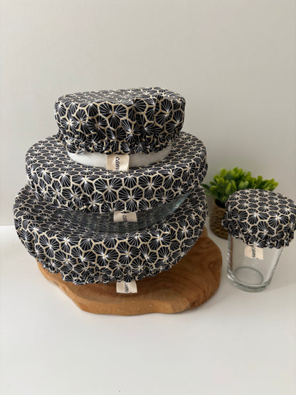 Charlottes à plat motif Géométrique noir, tailles XS, S, M et L, intérieur PUL alimentaire, extérieur coton