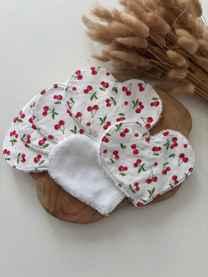 Cotons lavables cœur motif cerises – lot de 6, coton et éponge bambou.