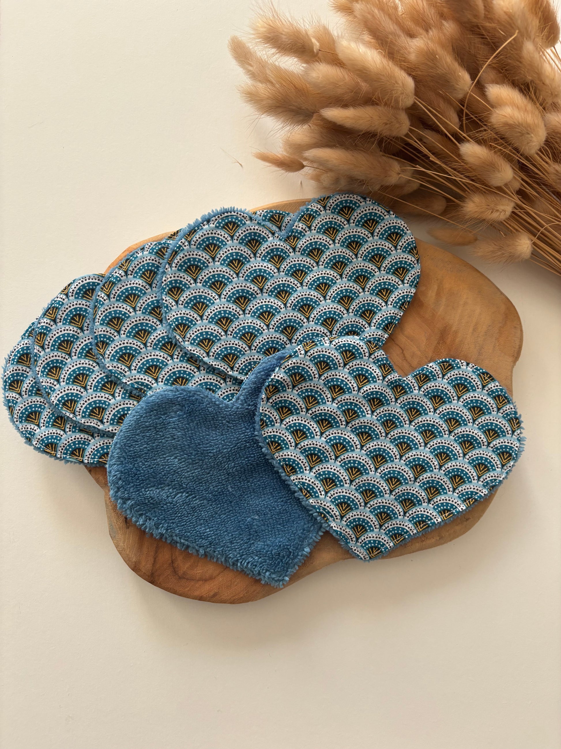 Cotons lavables cœur motif géométrique bleu – lot de 6, réutilisables et lavables