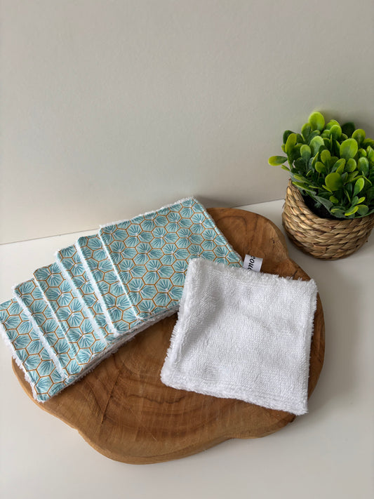 Lot de 7 cotons lavables motif géométrique vert d’eau, dos blanc