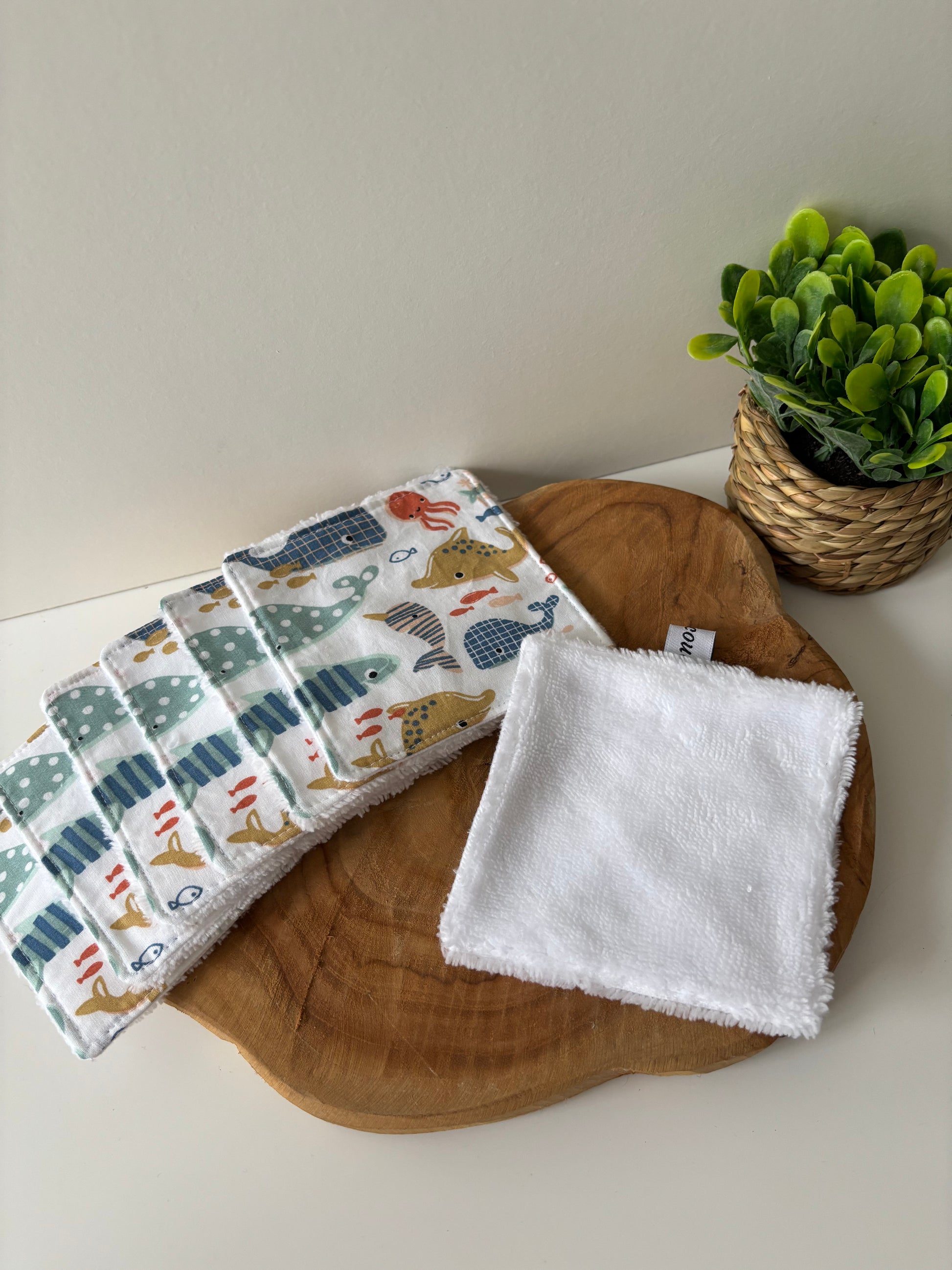Lot de 7 cotons lavables motif marin, dos blanc