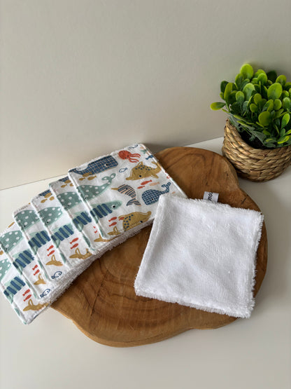 Lot de 7 cotons lavables motif marin, dos blanc