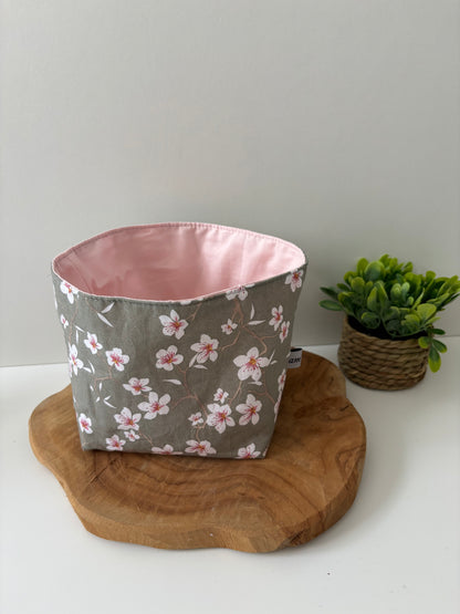 Panière à cotons lavables motif fleur d’amandier, fait main en France, lavable en machine à 30 °C