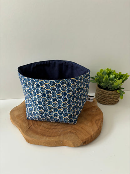 Panière à cotons lavables motif géométrique bleu nuit, fait main en France, lavable en machine à 30 °C