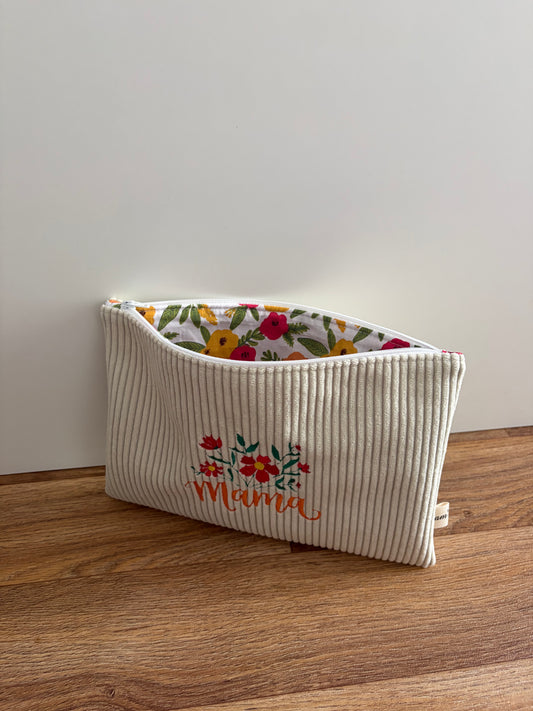 Pochette plate écrue en velours côtelé avec broderie fleurie Mama