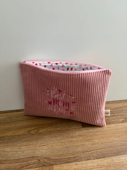 Pochette plate rose en velours côtelé avec broderie Best mom ever